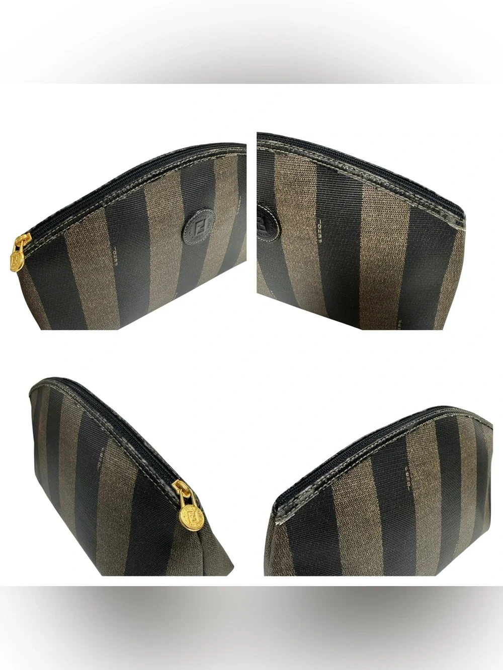FENDI Black & Tan Pequin Striped Coated Canvas Leather Dome Clutch Pouch
